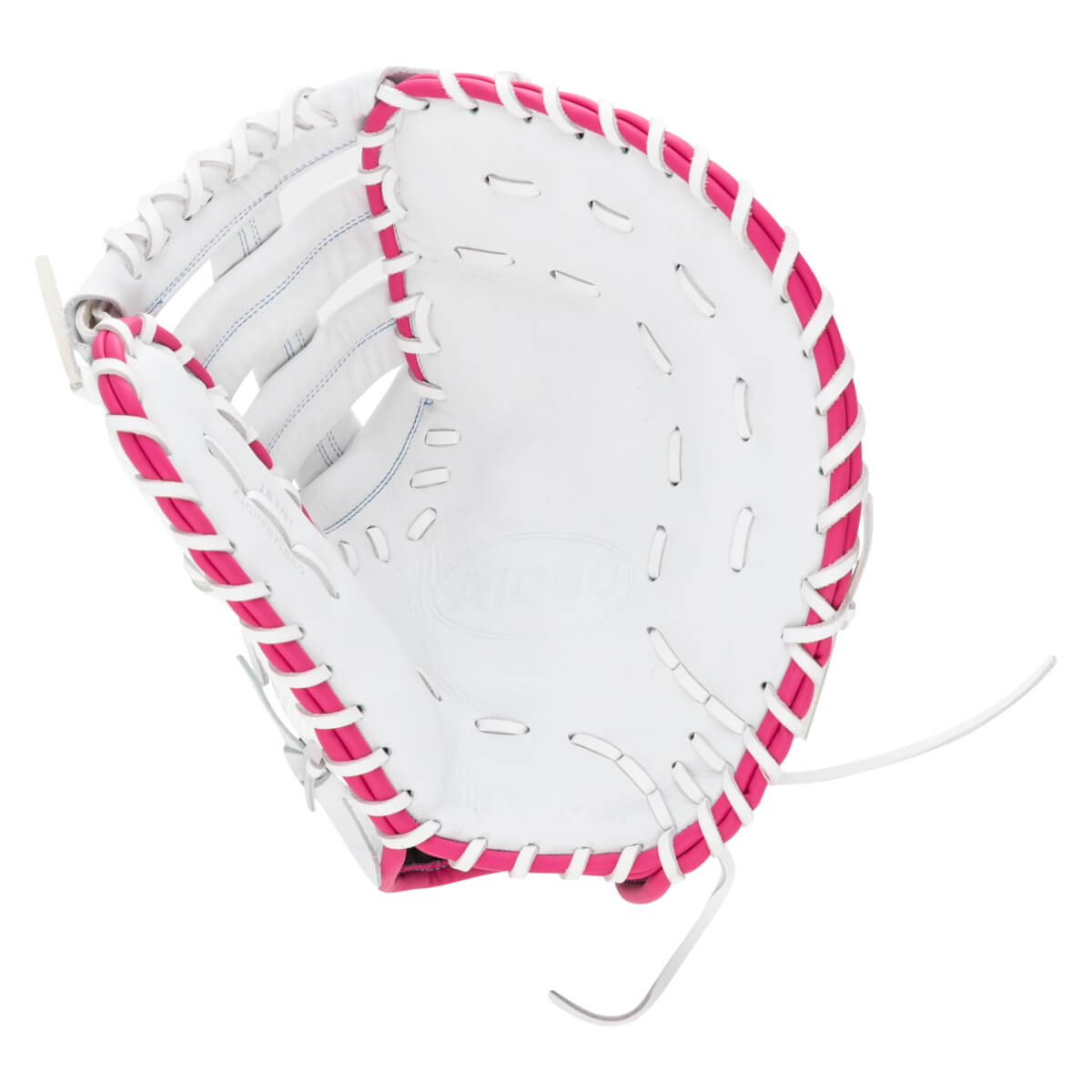 Top-down view of a white baseball glove with pink lacing and "A1000" embossed on the palm.
