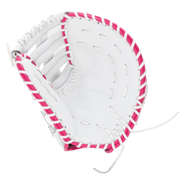 Top-down view of a white baseball glove with pink lacing and "A1000" embossed on the palm.