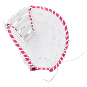 Top-down view of a white baseball glove with pink lacing and "A1000" embossed on the palm.