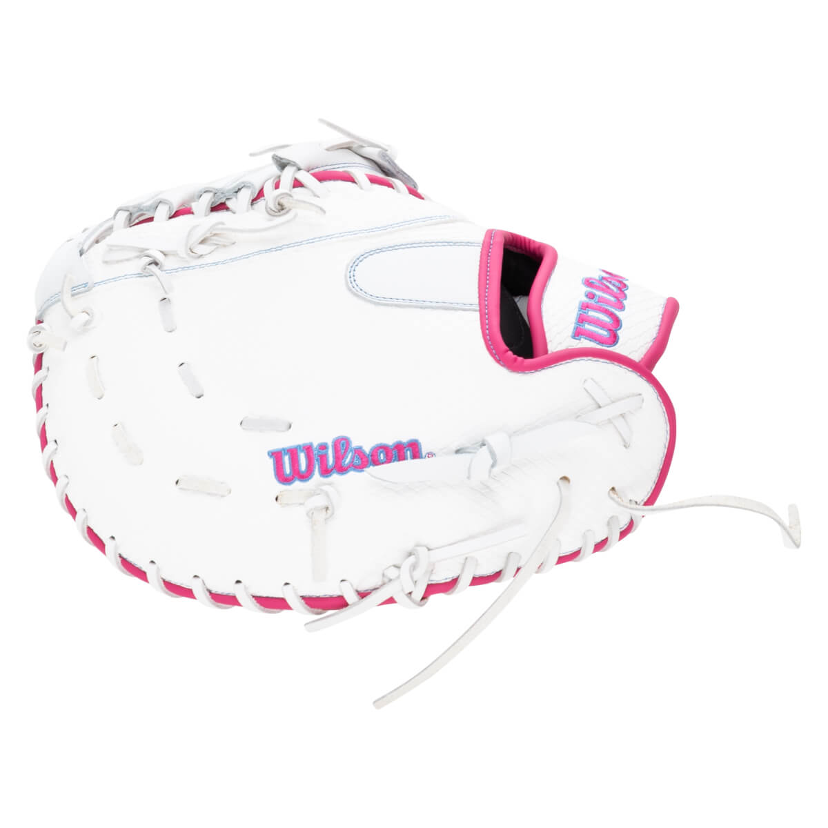 Side view of a white Wilson softball glove with pink stitching and trim.