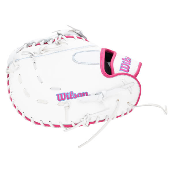 Side view of a white Wilson softball glove with pink stitching and trim.