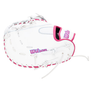 Side view of a white Wilson softball glove with pink stitching and trim.