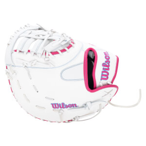 Side view of a white Wilson softball glove with pink trim and stitching, and "Wilson" logo.