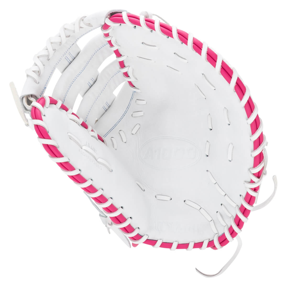 Top-down view of a white baseball glove with pink lacing and "A1000" embossed on the palm.