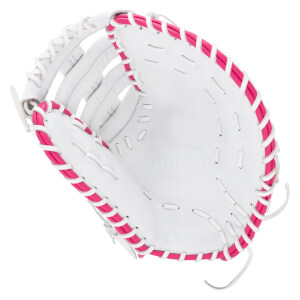 Top-down view of a white baseball glove with pink lacing and "A1000" embossed on the palm.