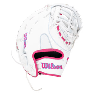 Front view of a white Wilson softball glove with pink trim and blue stitching.