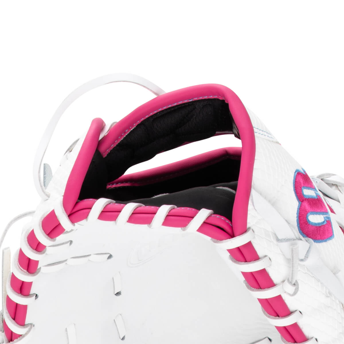 Close-up of a white baseball glove with pink lacing and a pink "B" logo.