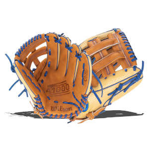 Top-down view of a tan Wilson A1000 baseball glove with blue lacing and a textured palm.