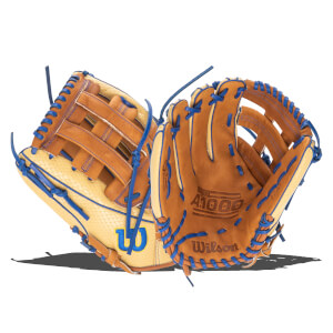 Front view of two baseball gloves with tan leather, blue lacing, and "Wilson" and "A1000" branding.