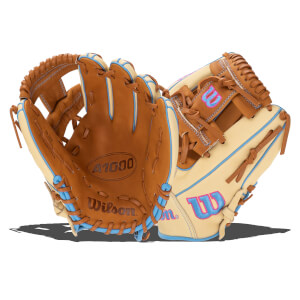 Top-down view of a tan baseball glove with blue lacing and pink Wilson logos.