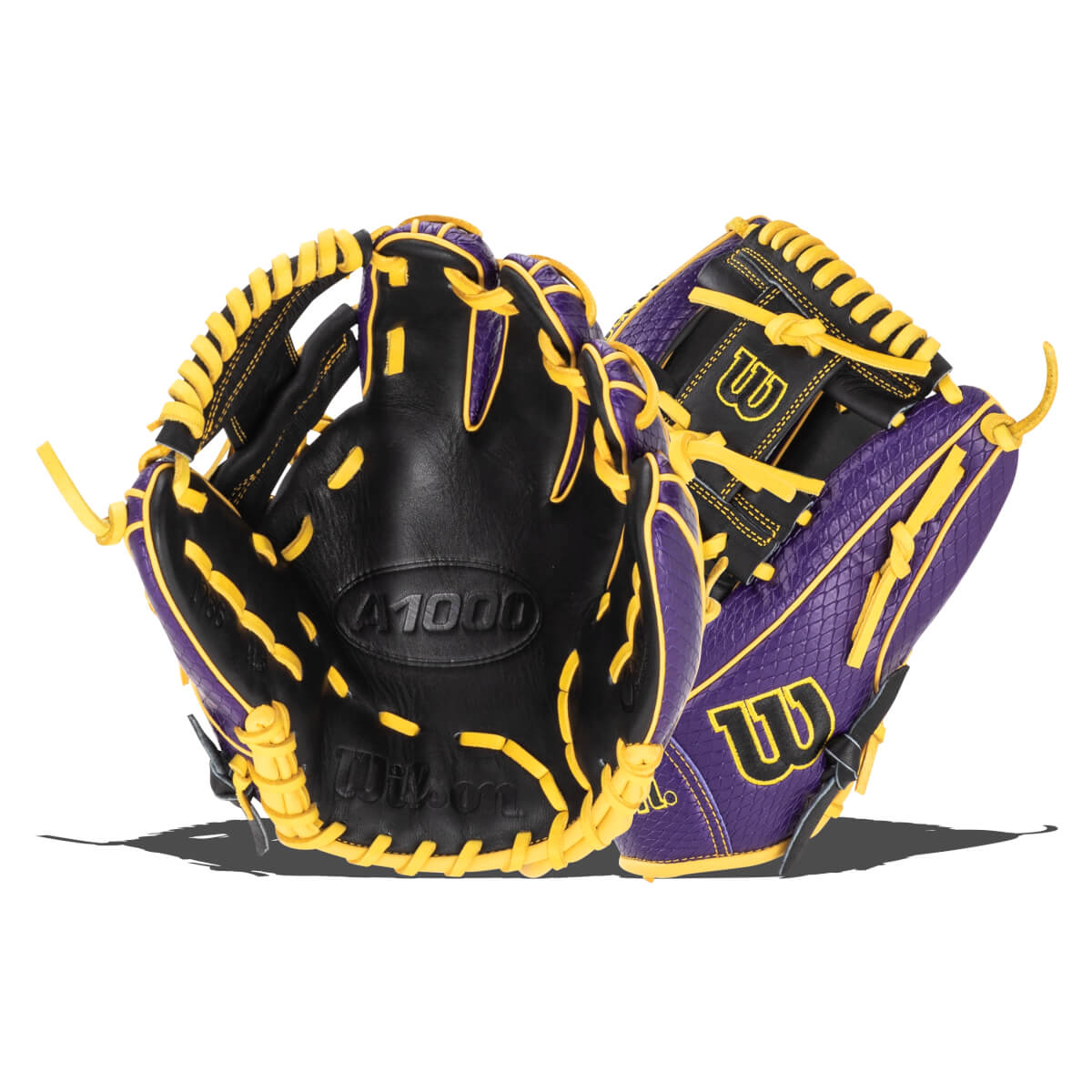 Interior view of a black baseball glove with purple and yellow accents, showing the "A1000" and "Wilson" logos.