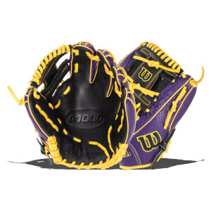 Interior view of a black baseball glove with purple and yellow accents, showing the "A1000" and "Wilson" logos.