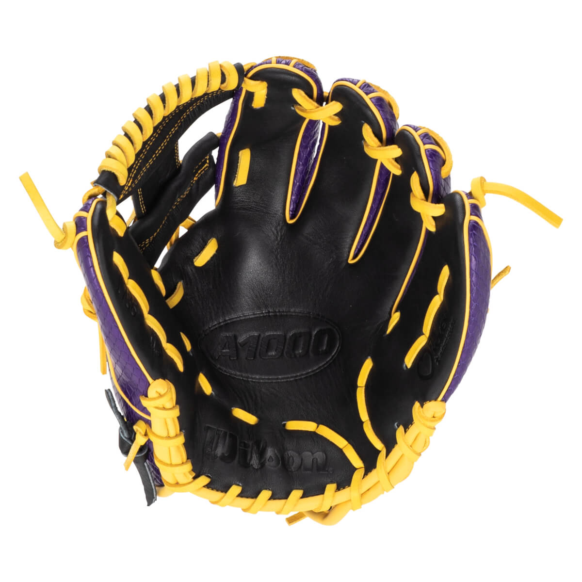 Top-down view of a black baseball glove with purple accents and yellow lacing, showing the "A1000" and "Wilson" logos.