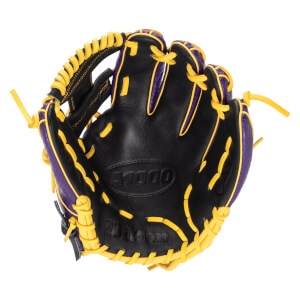 Top-down view of a black baseball glove with purple accents and yellow lacing, showing the "A1000" and "Wilson" logos.