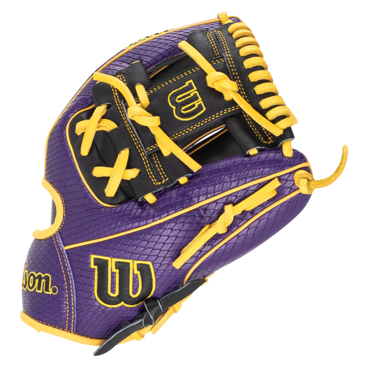 Front view of a purple and black Wilson baseball glove with yellow lacing and "W" logo.