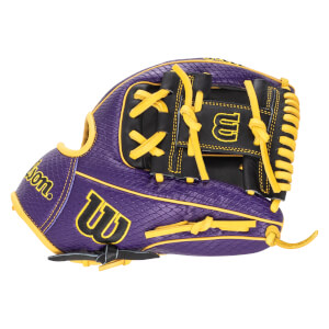 Side view of a purple baseball glove with yellow laces and black accents, featuring a "W" logo.