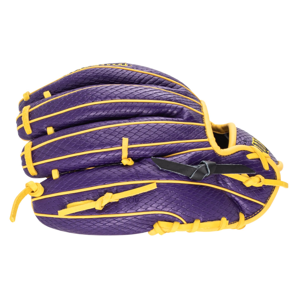 Top-down view of a purple baseball glove with yellow lacing and a textured pattern.
