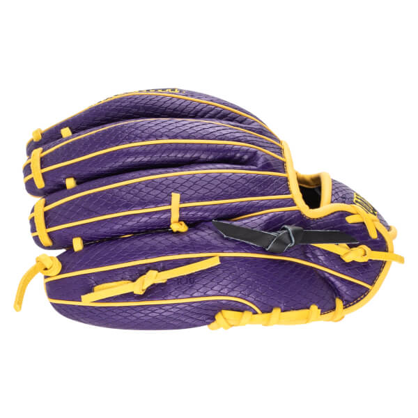 Top-down view of a purple baseball glove with yellow lacing and a textured pattern.