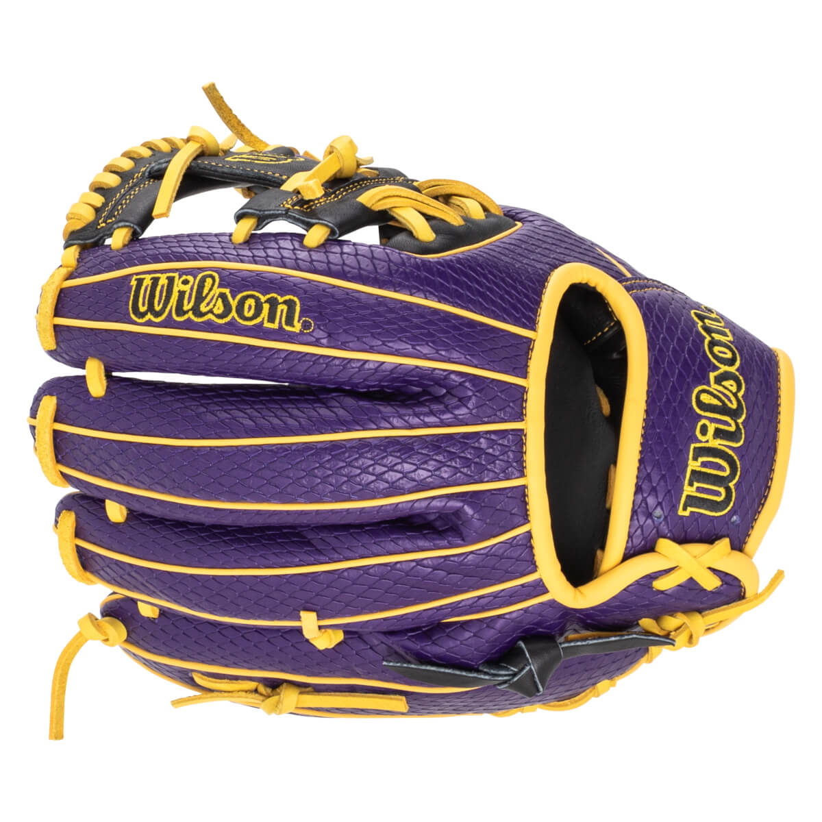 Side view of a purple baseball glove with yellow lacing and "Wilson" text.