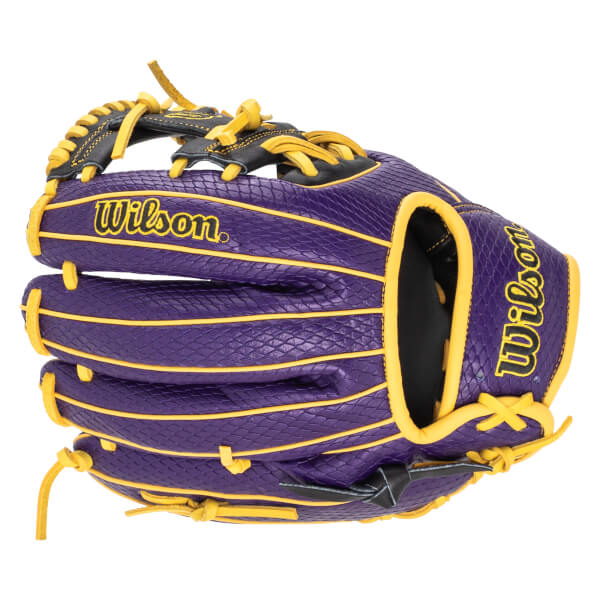 Side view of a purple baseball glove with yellow lacing and "Wilson" text.