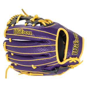 Side view of a purple baseball glove with yellow lacing and "Wilson" text.