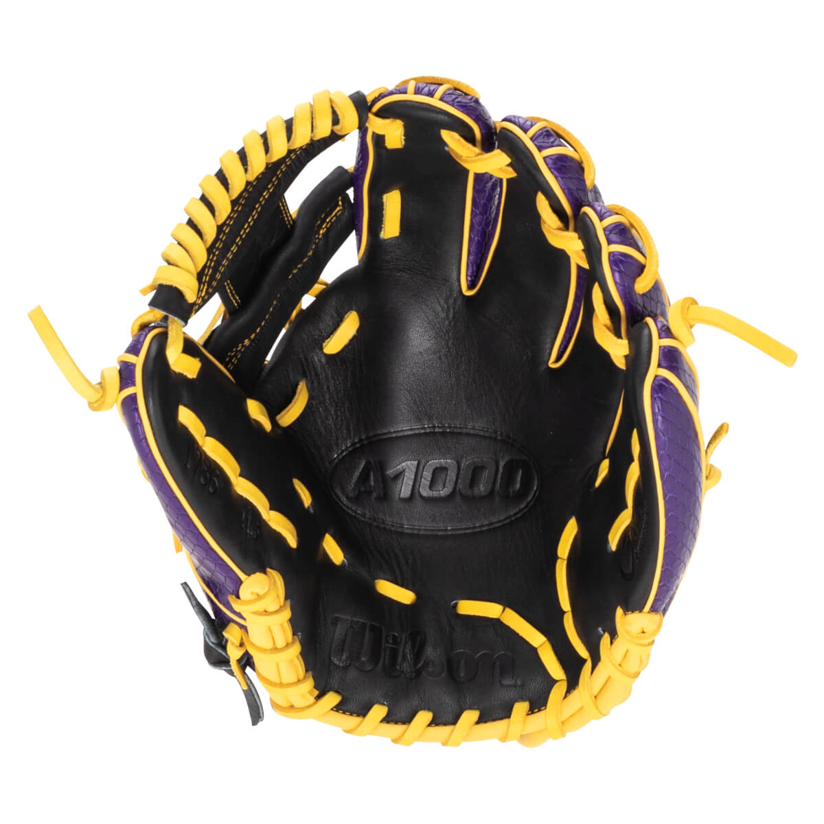 Top-down view of a black baseball glove with purple accents and yellow lacing, showing the "A1000" and "Wilson" logos.