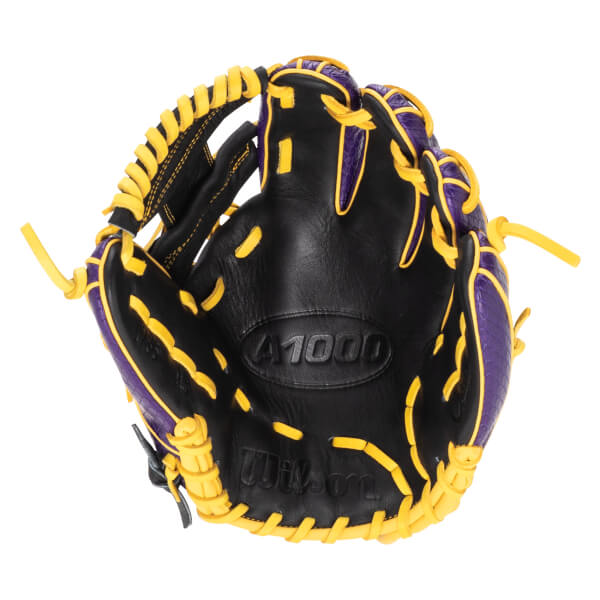 Top-down view of a black baseball glove with purple accents and yellow lacing, showing the "A1000" and "Wilson" logos.