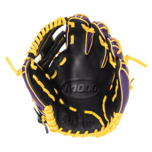 Top-down view of a black baseball glove with purple accents and yellow lacing, showing the "A1000" and "Wilson" logos.