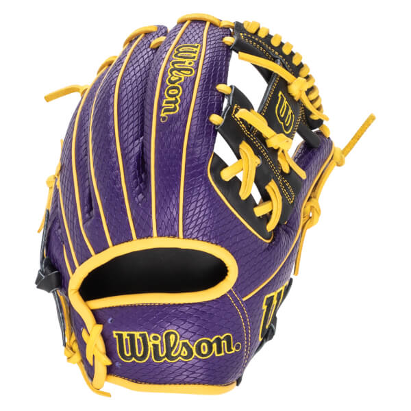 Front view of a purple baseball glove with yellow lacing and "Wilson" branding.