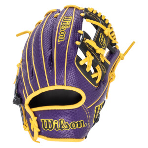 Front view of a purple baseball glove with yellow lacing and "Wilson" branding.