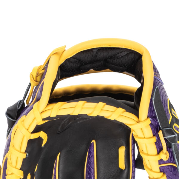 Close-up of a baseball glove showing purple and yellow lacing and black padding.