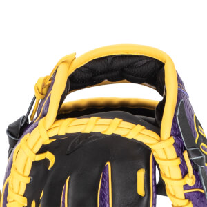 Close-up of a baseball glove showing purple and yellow lacing and black padding.
