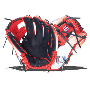 Open view of a red, white, and navy baseball glove with "Wilson" and "A2000" visible.