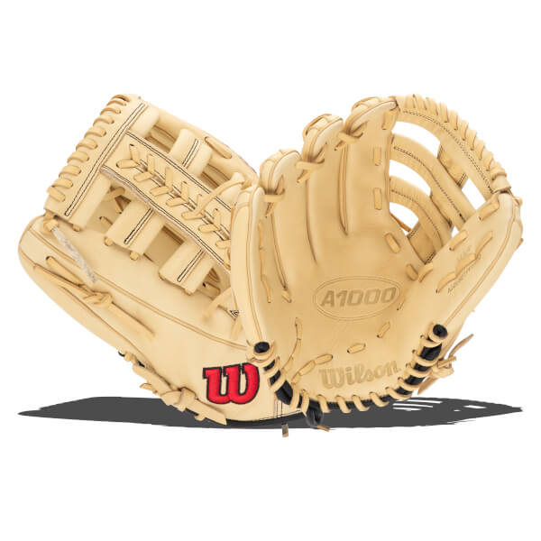 Top-down view of a tan Wilson A1000 baseball glove with a red "W" logo and black lacing.