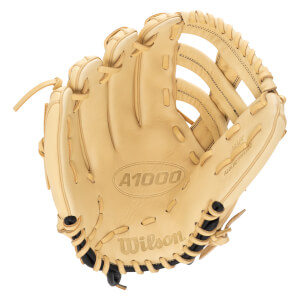 Front view of a tan Wilson A1000 baseball glove with black lacing and "12 1/4"" visible.