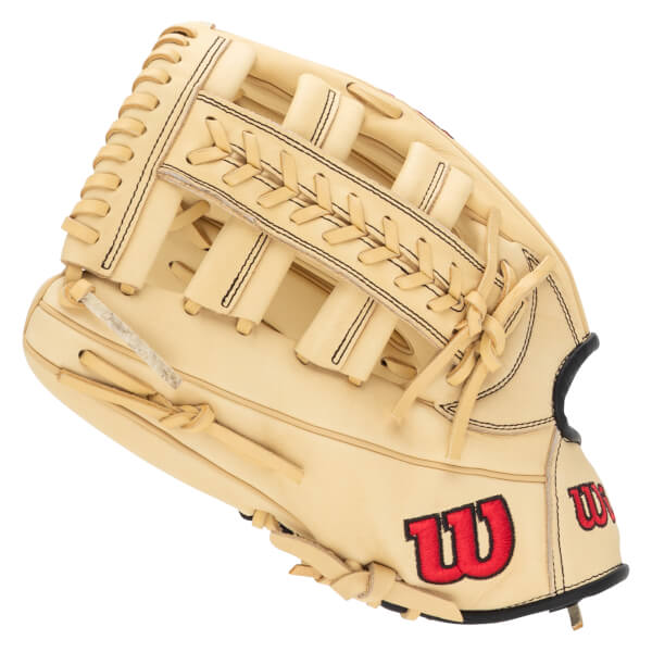 Top-down view of a tan baseball glove with red "W" logos and intricate lacing.