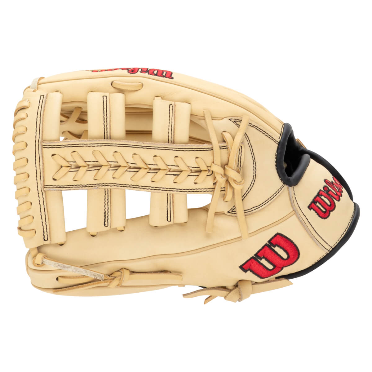 Side view of a tan baseball glove with red "Wilson" logos and black stitching.