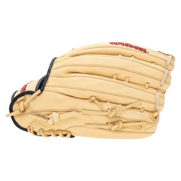 Side view of a tan baseball glove with red "WILSON" lettering and black trim.