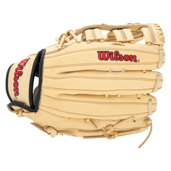 Side view of a tan baseball glove with red "Wilson" logos on the wrist strap and palm.