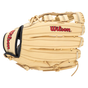 Side view of a tan baseball glove with red "Wilson" logos on the wrist strap and palm.