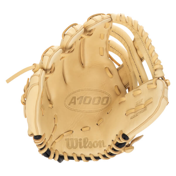 Top-down view of a tan baseball glove with "A1000" and "Wilson" embossed on the palm.
