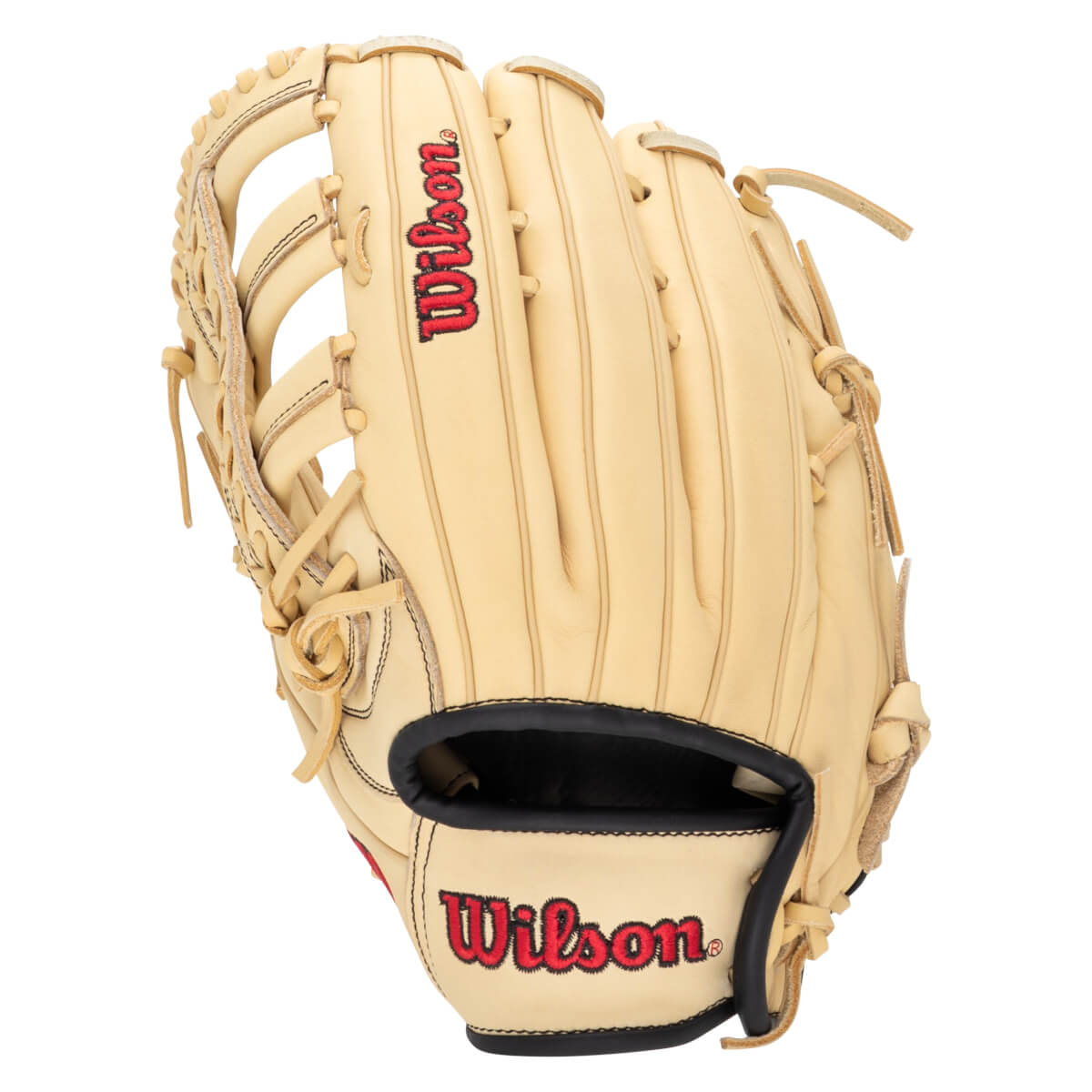 Front view of a tan leather baseball glove with red "Wilson" logos on the palm and fingers.