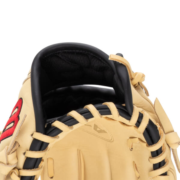 Close-up of a tan baseball glove's interior, showing black padding and tan lacing.