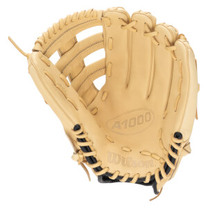 Front view of a tan leather baseball glove with "A1000" and "Wilson" logos.