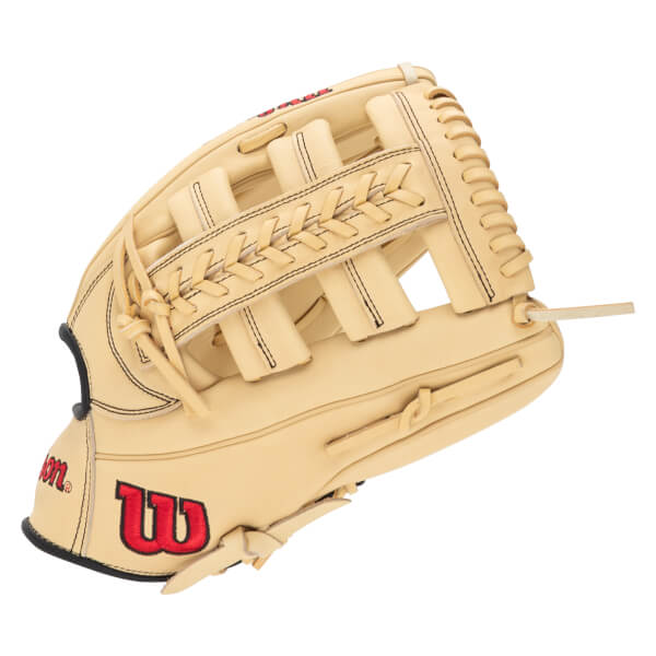 Top-down view of a tan baseball glove with red "W" logo and black stitching.