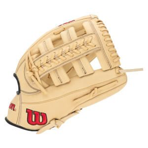 Top-down view of a tan baseball glove with red "W" logo and black stitching.