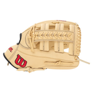 Side view of a tan baseball glove with a red "W" logo and intricate lacing.