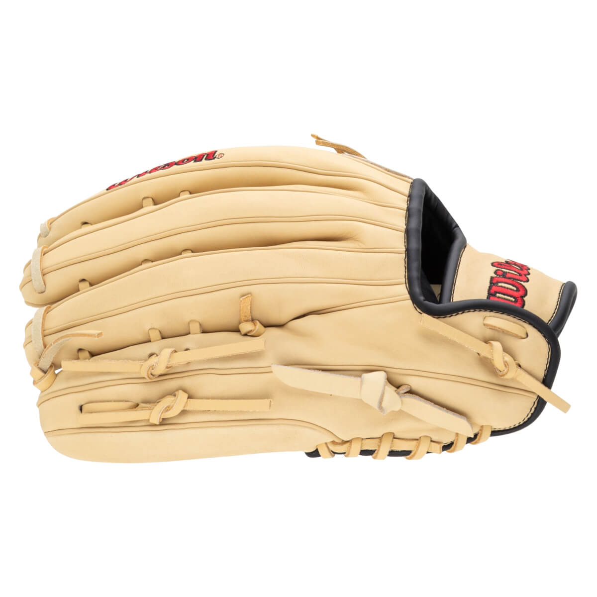 Side view of a tan leather baseball glove with red "Wilson" logo and black trim.