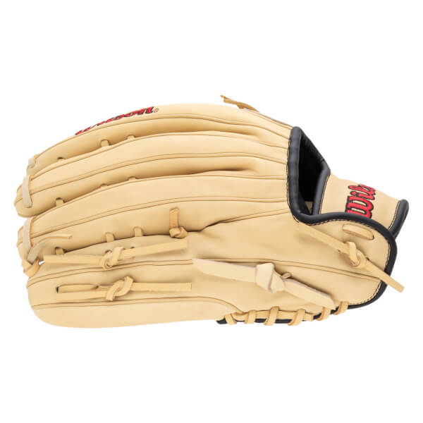 Side view of a tan leather baseball glove with red "Wilson" logo and black trim.