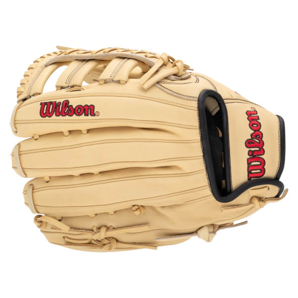 Side view of a tan baseball glove with red "Wilson" logos on the palm and wrist strap.